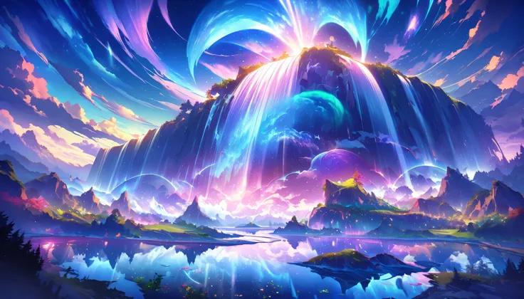 paradise, colorful,A dreamy fantasy landscape,Extremely Coloured Scenery, cloud, light piercing through the cloud,Spectacular and majestic views, shot with a fisheye lens , Large planets and auroras are visible in the sky,Multiple beautiful waterfalls,Wate...