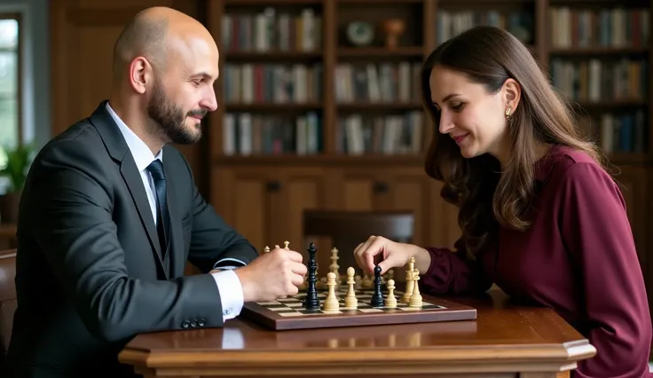 A chess match between two distinct characters: a bald man with defined facial features, clean-shaven head with natural skin reflections, and a woman with flowing shoulder-length chestnut brown hair with subtle highlights. The man wears a well-fitted charco...