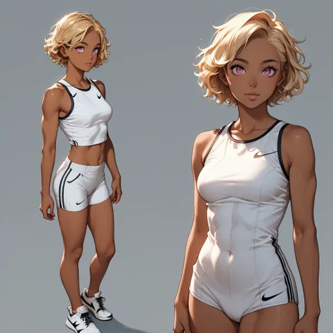 Drawing in three views of Maria: Nina is a 40-year-old woman, strong, athletic and pretty. she is a woman with blonde cut hair, dark pink eyes and a somewhat tanned complexion.. she is dressed in a gray Nike tracksuit and white Nike sneakers.The three-view...