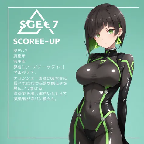 masterpiece, (((( best quality )))),1 girl, Japanese Anime ,character profilele,shiny skin, wearing a black pilot suit, dark hair, short bob hair,The inner color of the hair is green, green eyes,isosceles triangle earrings, black tights,large breasts