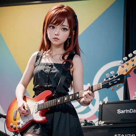 anime girl with red hair playing a blue guitar in front of a microphone, nightcore, guitarist, (anime girl), guitar solo, sayori, anime cover, anime visual of cute girl, playing guitar, Marin's Kitagawa fan art, anime wallpaper, rock out, playing guitar, d...