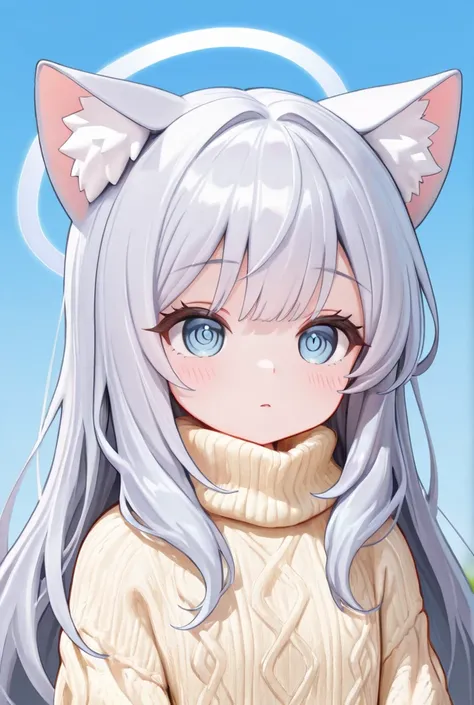 Halo, Silver Hair, long hair,Cat ears,Downer, upper body,front,Droopy eyes, Light Blue Eyes, knit , woman