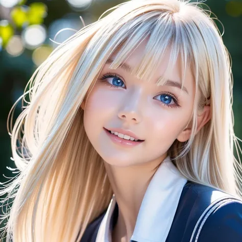  platinum blonde hair is super long, stringy straight hair 、Polate、School uniform、 bright expression 、 ponytail、 young, shiny white shiny skin 、The best beauty、 shiny bright hair 、輝く美しいbangs、Double eyelids、Eyes Liner、 big clear and super bright baby blue b...