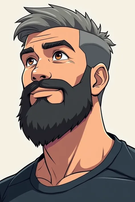 Create an image in anime style of avatar of a bearded Caucasian strong man, around 43 years old, brown eyes, semi squared head, short gray hair, grey and black beard looking up at 45 degrees from his position! Make him with a subtle smile! Simple avatar wi...