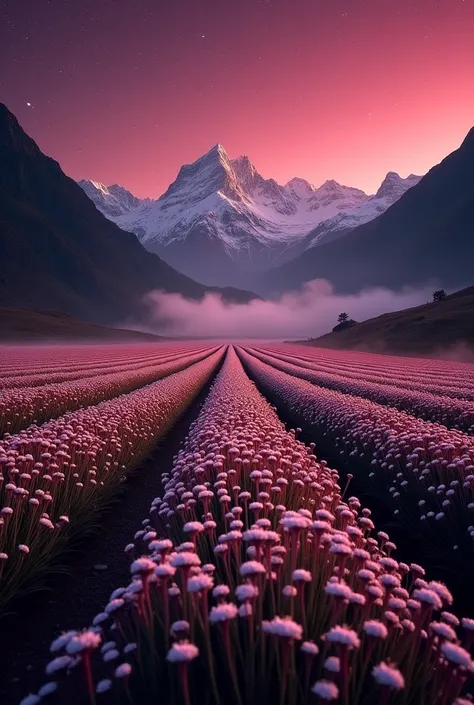 Right in the middle is a really beautiful and neatly organised flower field. The flowers are white and very small. The flower field is surrounded by dark mountains with snow peaks. The sky is burgundy and full of stars. The atmosphere is mysterious and exc...