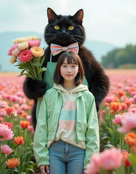 documentary photo, Photo-realistic, ultra-realistic, (amazing view of colorful flower farm), 1 girl\( 20 years old Japanese beautiful girl, beautiful with cute face, wearing a spring wear with tight jeans pants, pastel nylon jacket on the horizontal wide s...