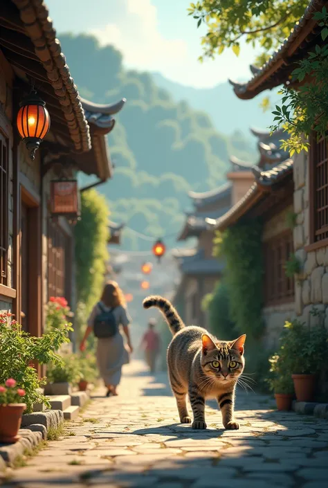 Cat walking in a village