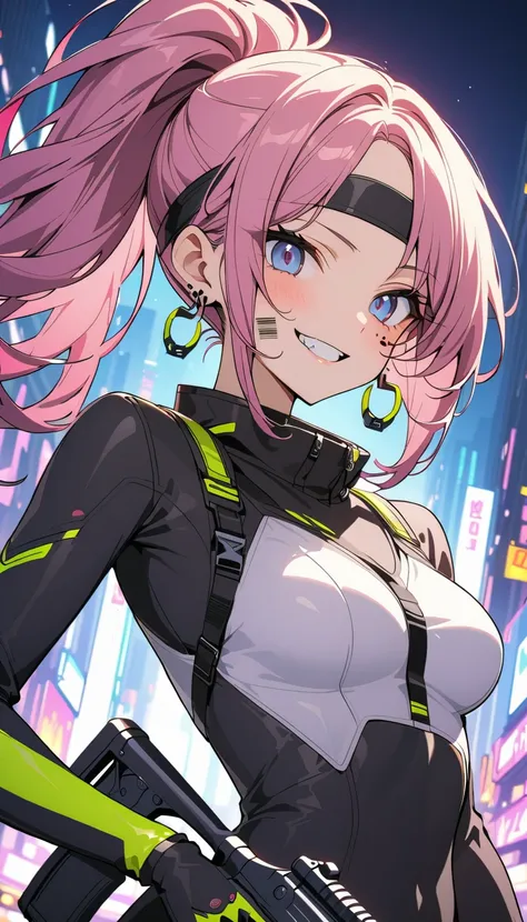 ( beautiful girl : 1.3), in the seat,(protective clothing,headband, earrings,Assault rifle), blonde, black hair, Hair, Silver Hair, red hair ,Blue Hair,Green Hair,Pink hair,Purple Hair, ponytail, bob cut, twin tails, long hair, shorthair, bun hair, wave ha...