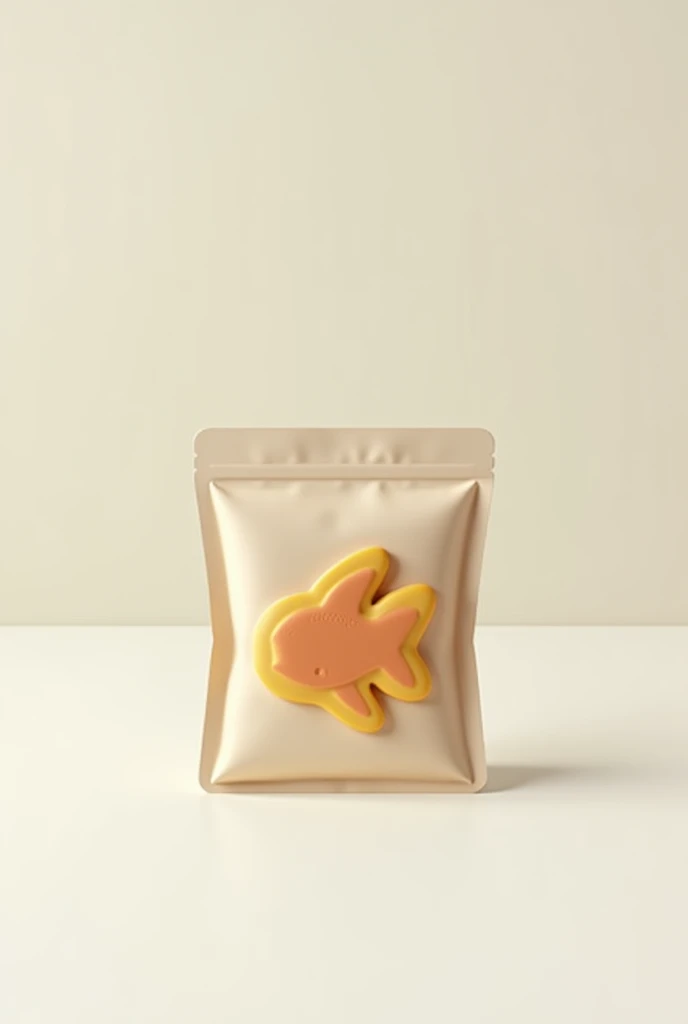 Make rhis realistic it is a Bioplastic dood packaging and the food inside is just a fish biscuit