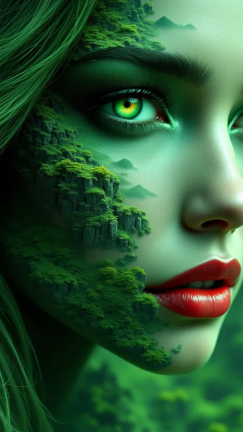 An emerald green rocky mountain landscape in the shape of a woman with green eyes with red lips, în dubla expunere high resolution, high resolution,  long hair , anatomically correct, best quality, masterpiece, Surrealism, 