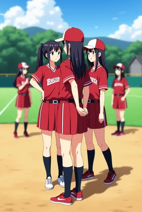 Eight Japanese High School Girls、8 girls on the baseball field、The softball club is practicing、Eight high school girls wear red softball uniforms、Are you watching a little panda、 photos、Realistic、RealityPhoto、dynamicPhoto、There is a panda、 photosクオリティ、 mas...