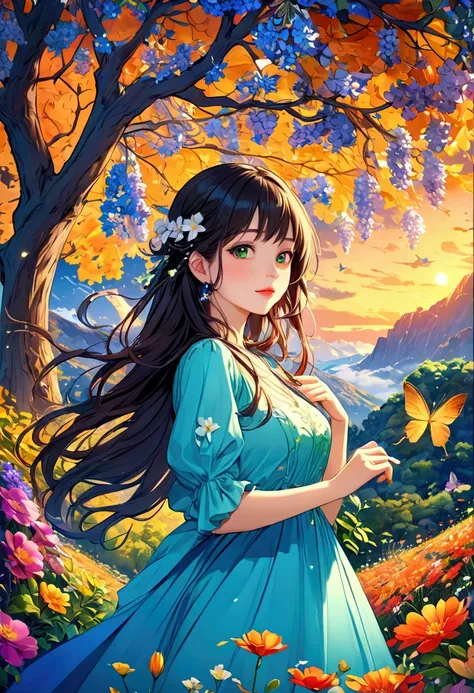 (   top quality 、  HD 、  Details、8k)、( Depict a beautiful face in every detail  )、  very elaborate face  、  age beauty  、  A fantastic world where nature and girls interweave、  Hidden within a girl、   long hair that flutters like  、 wearing blue dress 、Nig...