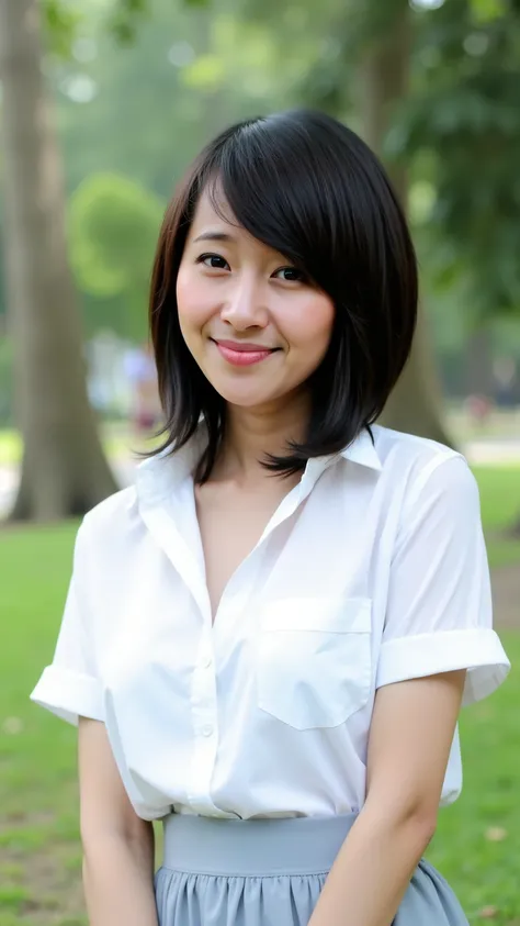 Young woman, likely in her late s or early twenties, with medium bob cut, dark brown hair with side swept bangs and pale bright light-toned skin.  Soft, gentle smile expression.  Wearing Wearing a white collared short-sleeved shirt, and a light blueish-gre...