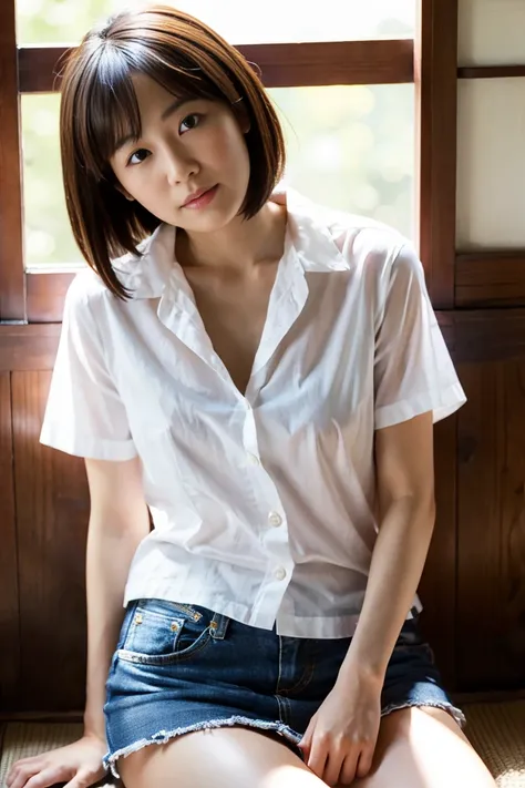 35-year-old Japanese woman with small breasts and short black hair、Open chest shirt and miniskirt、