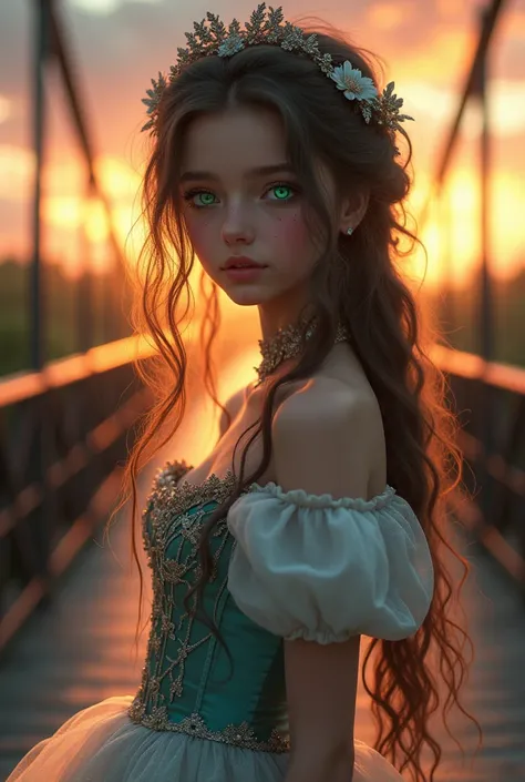 A girl with long hair and one eye is green and the other blue is wearing a princess dress and she is standing at sunset on the bridge 