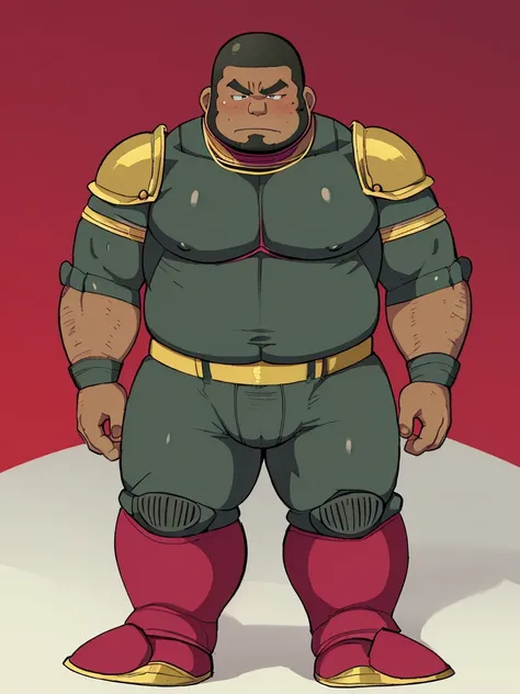 Cartoon network style , (masterpiece, best quality:1.2), 1man, solo, Chubby, Papa, Chubby , Dark-Tan skin , crew cut , ashamed face , Black armor , shoulder armor, breastplate, closed mouth, pauldrons , standing , boots , full body