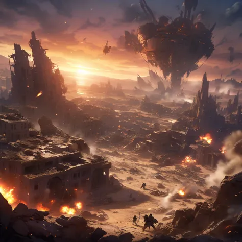 Battle in the Rocky Desert, In the background an abandoned and destroyed city.  With some small explosions,Aerial ships in the sky and in the background the Moon in the middle of the sunset 