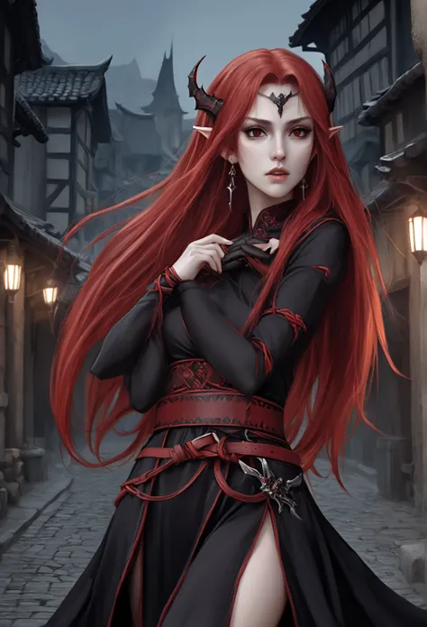  grim dark fantasy , A white-skinned, half-elven, long-haired woman around the age of 30 、lips and nose ,  small, pointed ears , red earrings、 long red mane ,  straight hair, Red Hair, Black Eyes,   Straight Face  ,black dress with revealing embroidery、 we...