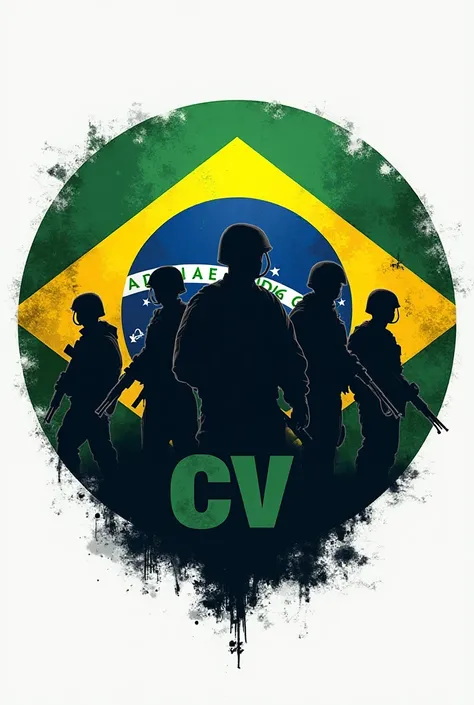 Can you create a circular logo inspired by the Brazilian flag and that has armed subjects that also have the letters CV