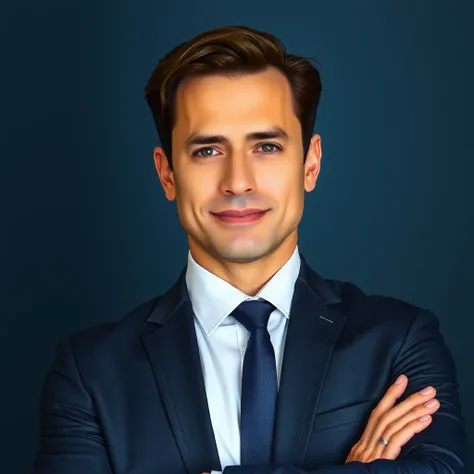 A hyper-realistic, full-body portrait of a confident middle-aged (around 40 years) businessman with slightly wavy dark brown hair, a slightly receding hairline. His face has an oval shape with well-defined cheekbones and a strong jawline. He is completely ...