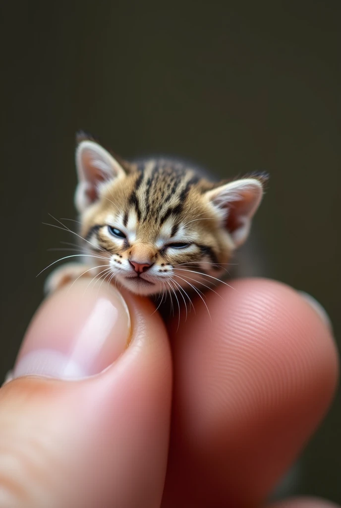  Capture a close-up photo with shallow depth of field , Showing a tiny cat, the size of a finger,  resting gently on human fingers . Highlight the delicate textures ,  with soft shadows enhancing the details of the miniature creature.  Background blur adds...