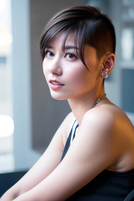  Contact sheet with 4 images of a woman "Yukirinu/ ゆきりぬ", preparing for the inspired barbershop haircut, Sad super super short Spiky buzzcut with a "High fade" undercut and a side shave, cropped hair, very extreme short hair, sides skin, skin undercut neck...