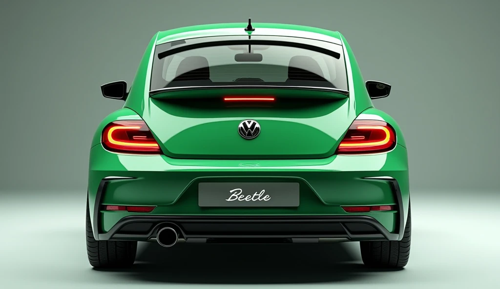 Create straight ( back)    view of a modern 2025 (Volkswagen Beetle  ) in( green )   color in Lexury Bright showroom background captured from straight ( back)    view in sports look and overall 3d render and reflecting lights on car body and write  ( Beetl...