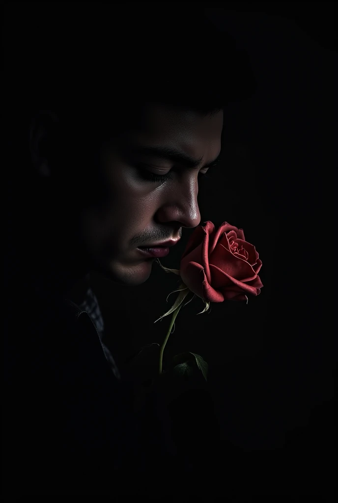 Create a dark background image  ,  that depicts the face of famous player Toni Kroos kissing a rose