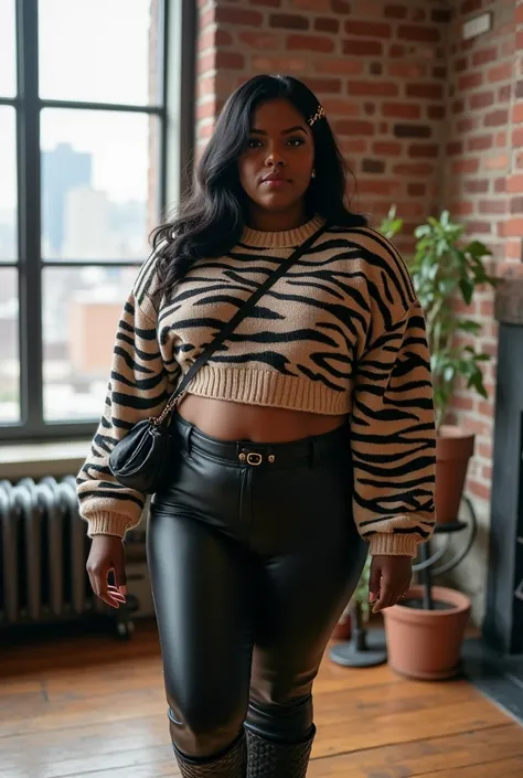 A curvaceous Black woman in a cropped zebra-print sweater with balloon sleeves, paired with black leather leggings and knee-high combat boots. She carries a mini crossbody bag and wears a claw clip in her slicked-back hair, standing in a loft apartment wit...