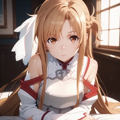 yuuki asuna, 1girl, solo, braid, french braid,white shirt, armor, breastplate, white sleeves, detached sleeves, thighhighs, looking at viewer, glossy skin, glistening skin, looking at viewer, Tempting body