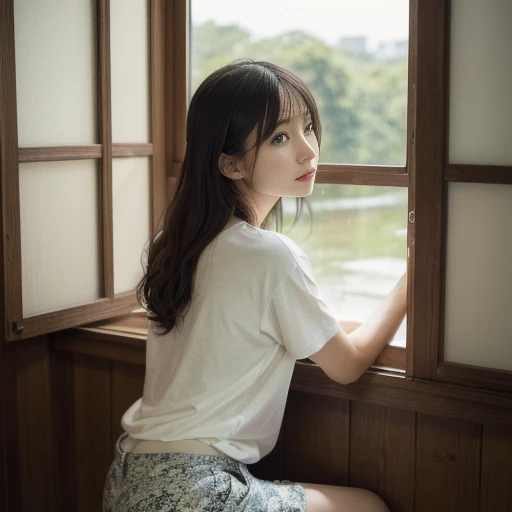 Full body portrait of a woman looking out the window, wearing a white printed T-shirt and shorts, sitting by the window, shot from outside, showing the exterior wall, looking into the room through the window, soft A pleasant afternoon atmosphere with plent...