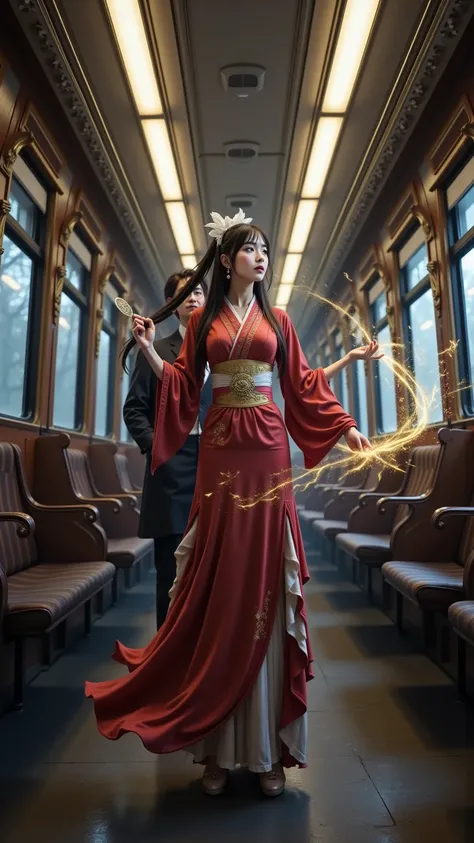 prompt: |
  The **Karakuri Twilight Express** trembles as an ominous force distorts time itself. The carriages stretch and twist, flickering between different eras—one moment an Edo tea house, the next a ruined steel metropolis overgrown with vines. Shadow...