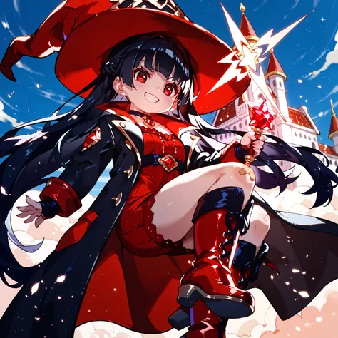 1 Wizard Girl (   very young 、   black hair( bangs)、 Magic Girl、 choker(gem)、 wizard clothes( red hat ( black ribbon)、jet black trench coat(Pattern)、 red blouse、Big long boots)、 Serious Expression (smile)、Floating)、 Mysterious palaces、I have a very long ma...