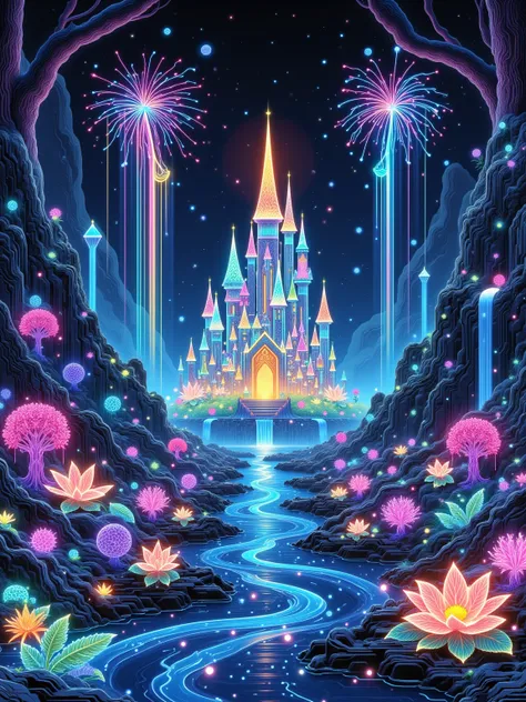 (Neon), Circuit Board, (moon:1.5), (Bubbles), (fireworks:1.5), Dreams, (Psychedelic), (Neon light), (A peaceful and magical dream castle), In this vibrant, Charming surroundings, center, A dreamy and majestic castle, Central Lake, Surrounded by a variety o...