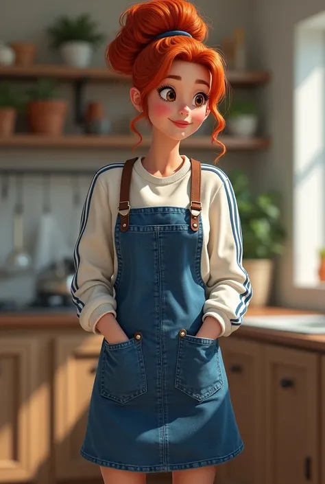 Create a 40-year-old girl ,  Disney type  , Mulatto skin color,  with completely red hair ,  sneakers tied entirely over her Head  , with an Adidas sweatshirt and adidas  ,  and placed on her clothes a blue Jean fabric kitchen apron and brown leather strap...