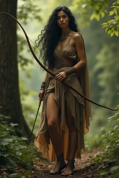  the Roman goddess Diana in a place in a forest  ,  with clothes of the time and low sandals soleae with long black and frizzy hair of a spectacular beauty with her bow , an image that generates sensuality  