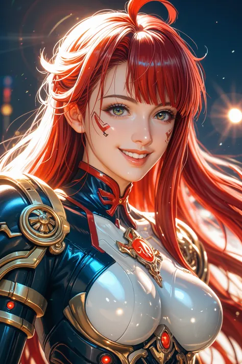 masterpiece, best quality, beautiful detailed hair detailed face, perfect feminine face, (happy:1.2), cyberskull mask, (close-up potrait:1.2), face focus, a beautiful and cute warframe woman and glowing red hair, red neon lighting, (sci-fi cyberpunk bodysu...