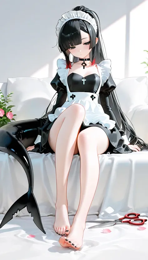 1girl, black eyes, half closed eyes, Black Hair, red Gradient Hair, Asymmetrical bangs, blunt bangs, hime cut, ponytail, long shark tail, small Breast, maid, high-waist, Side slit short skirt, Choker, bare legs, foot, toenails, nail polish, black nails, ma...