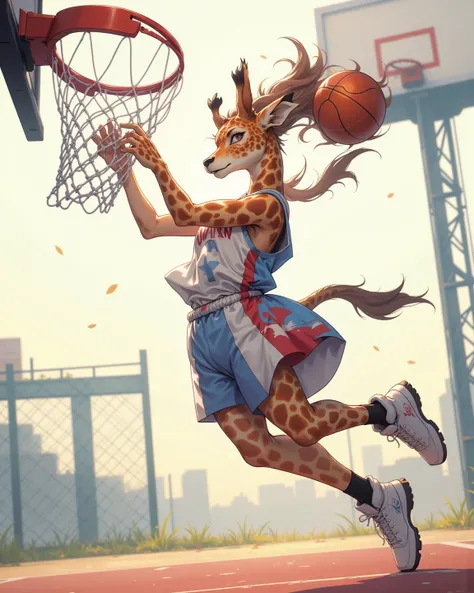 (furry , 1 giraffe girl , petit tits  , ponytail , loose baggy basketball uniform , dunk shoot) , (areola:0.8)