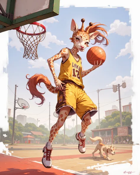 (furry , 1 giraffe girl , petit tits  , ponytail , loose baggy basketball uniform , dunk shoot) , (areola:0.8)