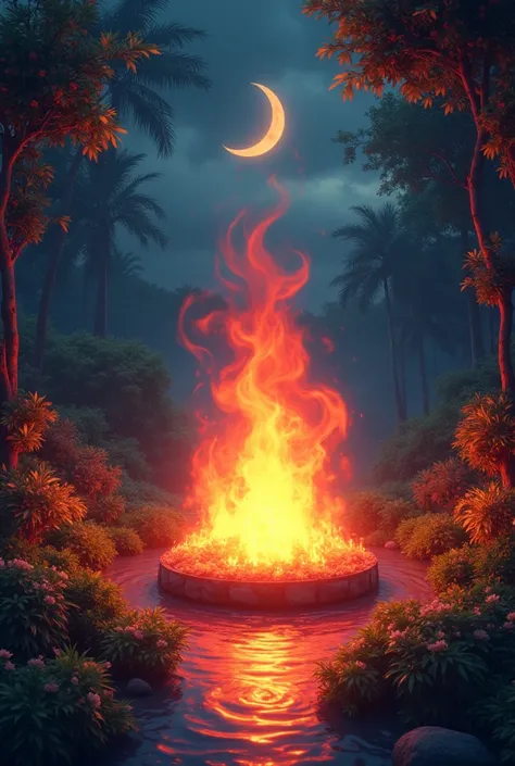 In the middle of it all is a bright red passionate blazing fire. This is surrounded by a beautiful green garden. In the background is water, the night sky and a small white moon.