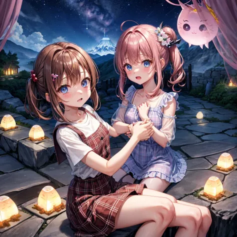 pink brown brown hair、 blue eyes、 has hair tied、Two cute、 Plaid Mini Skirt、 BLACK T-SHIRT、 light clothing、 dress、 camisole、 high socks 、Teeth are visible、The stone is cracked、 the road is crooked、Mountain々、diagonal、 monsters、fog、 Aurora、moon、 shooting star...