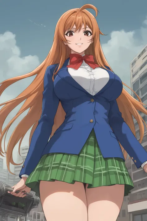 best quality,masterpiece,looking at viewer,absurdres,1girl,score_9,score_8_up,score_7_up,source_anime BREAK natsume aya,orange hair,long hair,brown eyes,ahoge,breasts,white ,skirt,bow,plaid,large breasts,jacket, plaid, green plaid skirt, blue blazer, stand...