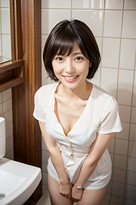 1 person、 Japanese woman、At 35 years old 、 is fascinating、Married women、 black short hair、smile、 full body、 white shirt、 flat chest、 small breasts、{In Japan}、  in the bathroom 、 nudes