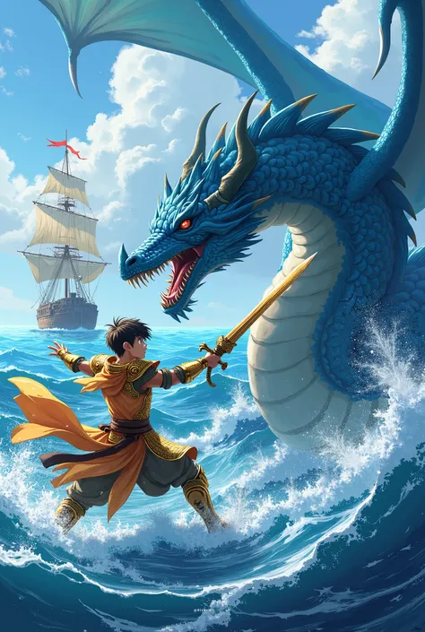 anime image of young man carrying sword using golden armor on ship fighting against blue water dragon in sea with background of imperial ship in sea