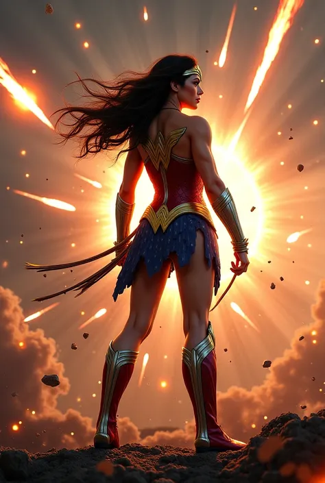 Wonder Woman stopping meteors from destroying the cities of Donestk and Ukraine's capital Kiev 