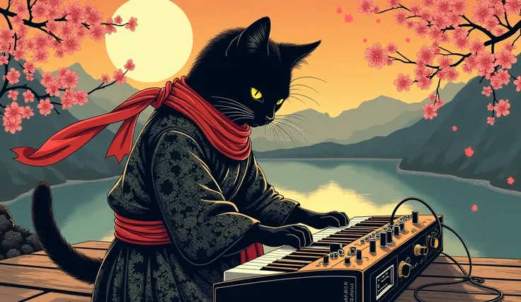 A traditional ukiyo-e style illustration of a 小さな、small ninja cat playing a synthesizer. The cat wears a dark, intricately patterned ninja outfit with a flowing scarf, seated gracefully as its paws move skillfully across the keys. It creates an atmospheric...