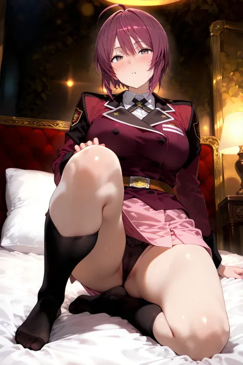 masterpiece,highest quality,High resolution,One girl,alone,Pink Skirt,uniform,short hair,Ahoge,Black knee socks,red eyes,red Hair,Long sleeve,blush,Sexy pose,Seductive pose,Full Shot,Studio Soft Light,Rim Light,Vivid details,Super Detail,Realistic skin tex...