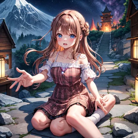 pink brown brown hair、 blue eyes、 has hair tied、Two cute、 Plaid Mini Skirt、 BLACK T-SHIRT、 light clothing、 dress、 camisole、 high socks 、Teeth are visible、The stone is cracked、 the road is crooked、Mountain々、diagonal、 monsters、fog、 Aurora、moon、 shooting star...