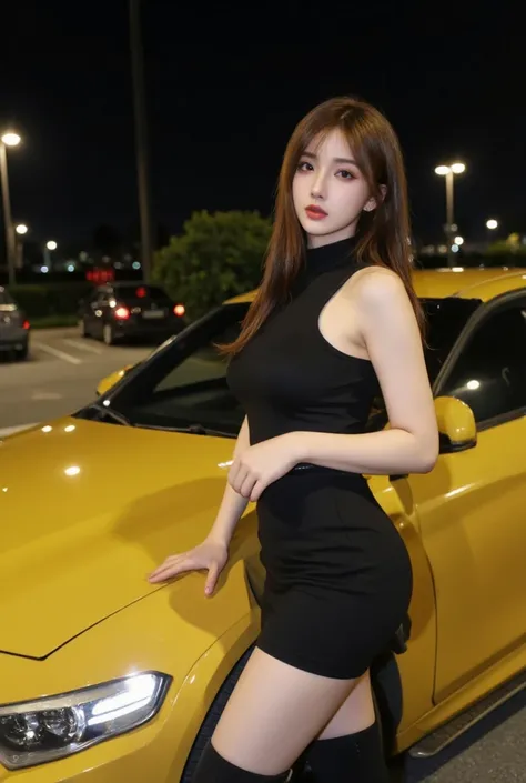 1girl, Sexy beautiful Japanese woman,baju hitam , celana pendek ,Bokong yang indah, beautiful thighs, Woman is standing on the far side of a bmw yellow, woman has her right elbow on the hood of the sports car and her chin on her right hand, the side of the...